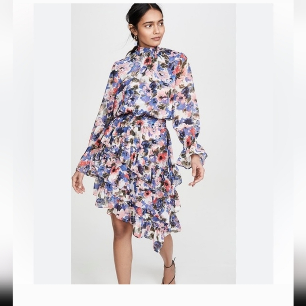 Misa Los Angeles Savannah Floral Asymmetrical Mini Ruffle Dress Size Xs